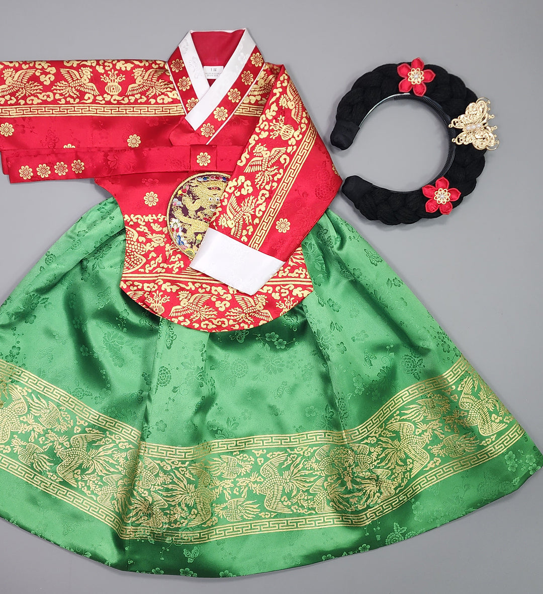 Hanbok Girl Baby Korea Traditional Clothing Set First Birthday Celebration Party Celebration 1–10 Years Red Green Skirt Gold Print HG122