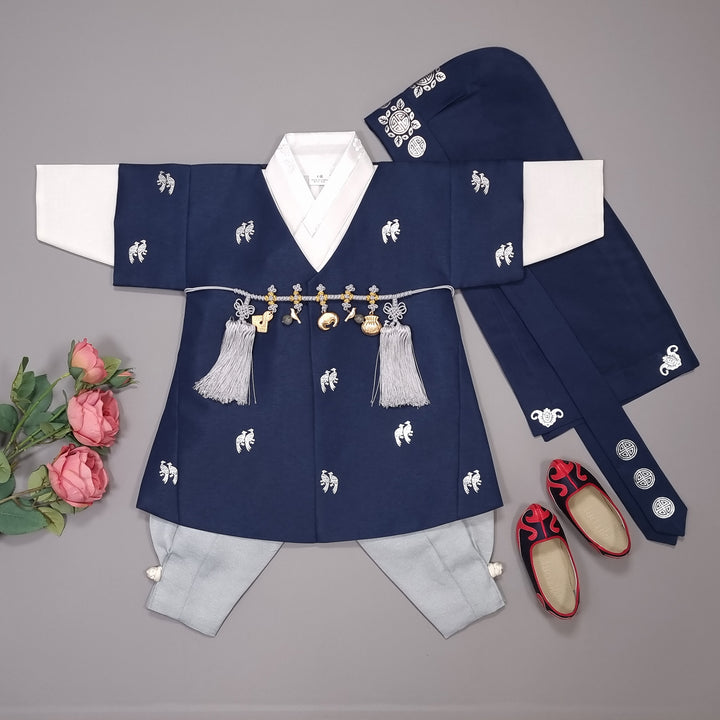 Korean Traditional Boy Baby Hanbok Dol Baikil Party Celebration 100th-10 Ages ㅠBird Silver Print HGB112