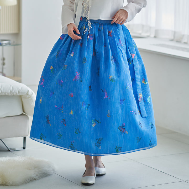 Modern Korean Daily Hanbok Top (Jeogori) – Butterfly Print, White & Blue | SSN110