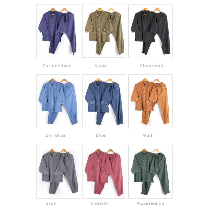 Korean Hanbok Washed Cotton Common Use Man Woman Casual Daily Clothing V Neck Open 3/4 Sleeve Jacket Pants Set JH108