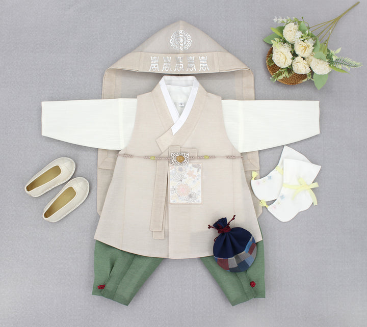 Korean Traditional Boy Baby Hanbok Dol Baikil Party Celebration 100th Days 1-10 Years Beige Khaki DDB118