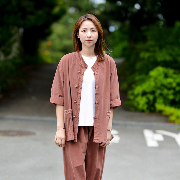 Korean Hanbok Washed Cotton Common Use Man Woman Casual Daily Clothing 3/4 Sleeve BTS 10097 Brown