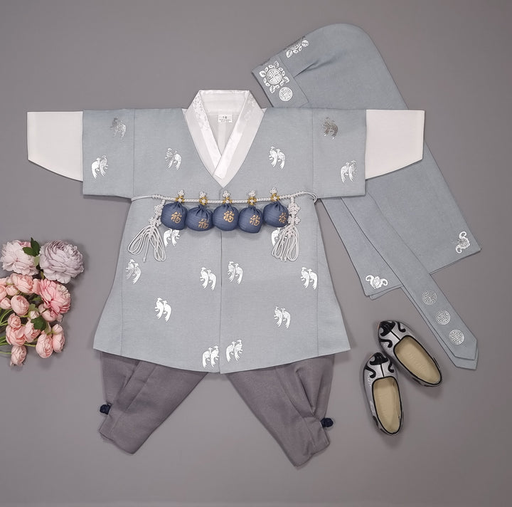 Korean Traditional Boy Baby Hanbok Dol Baikil Party Celebration 100th-10 Ages Blue Bird Silver Print HGB115