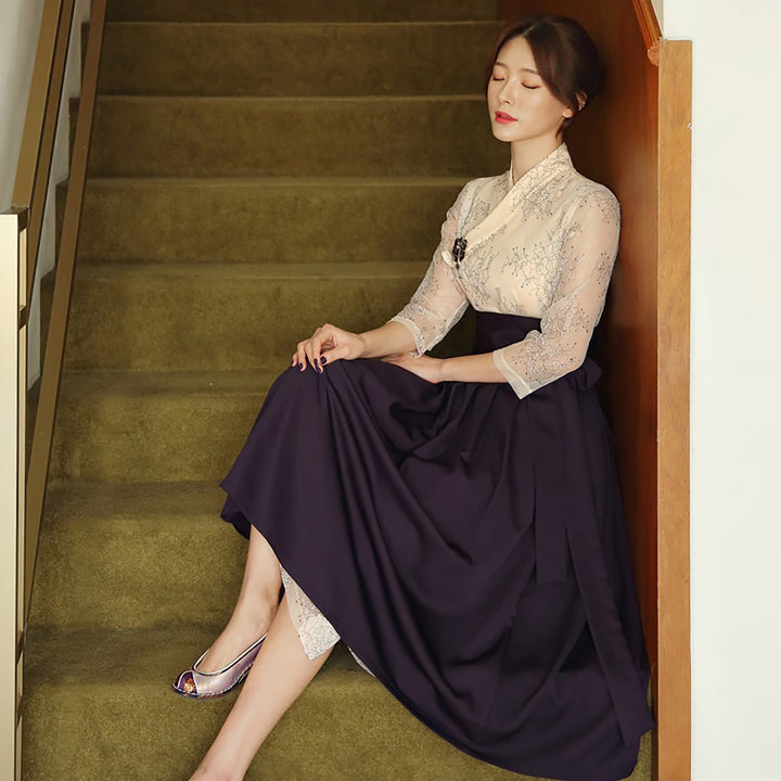 Korean Modern Hanbok White Dress Fancy Casual Daily Clothing Wrapped Design Fusion Hanbok CHD102