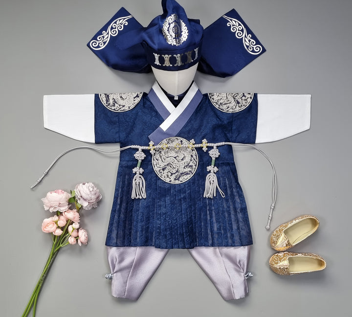 Korean Traditional Boy Baby Hanbok Dol Baikil Party Celebration 100th-10 Ages King Design Navy GHB102