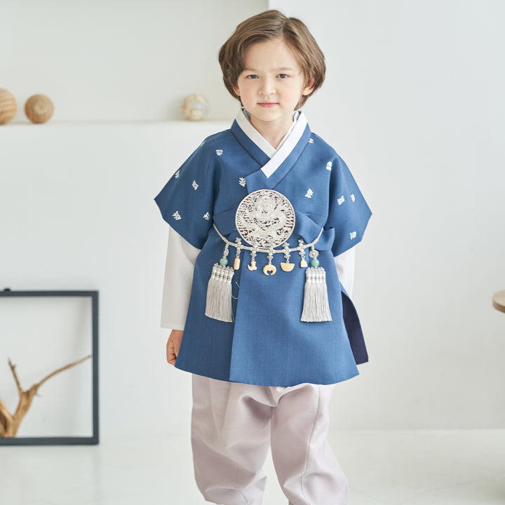 Korean Traditional Boy Baby Hanbok Dol Baikil Party Celebration 100th-10 Ages Navy Silver Print OSB101