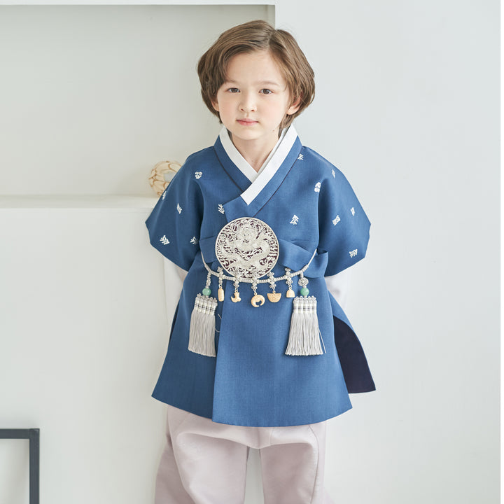 Korean Traditional Boy Baby Hanbok Dol Baikil Party Celebration 100th-10 Ages Navy Silver Print OSB101
