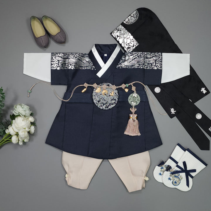 Korean Traditional Boy Baby Hanbok Dol Baikil Party Celebration 100th-10 Ages Navy Silver Print GHB301