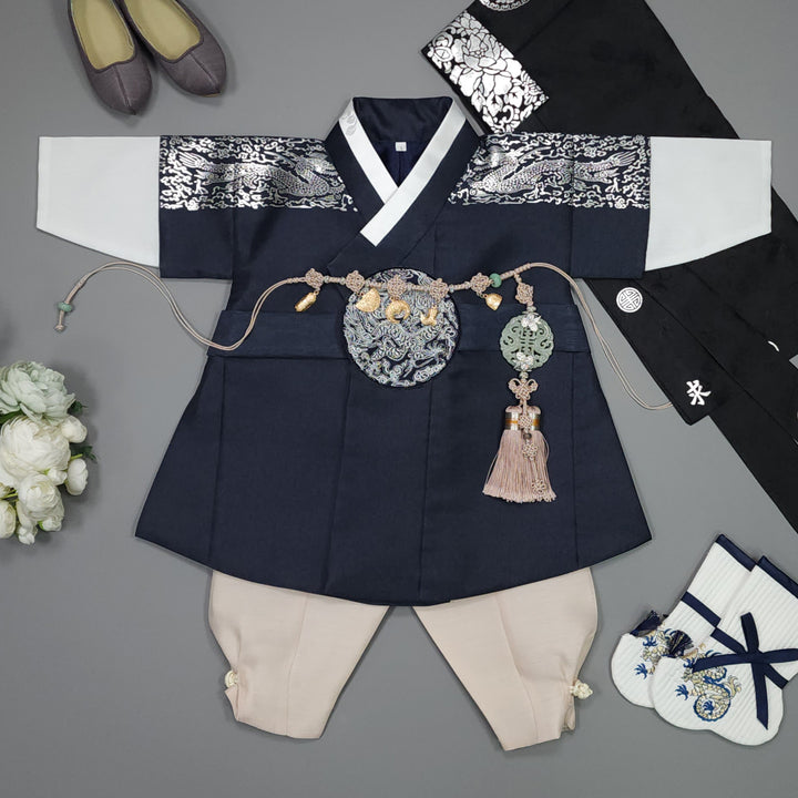 Korean Traditional Boy Baby Hanbok Dol Baikil Party Celebration 100th-10 Ages Navy Silver Print GHB301