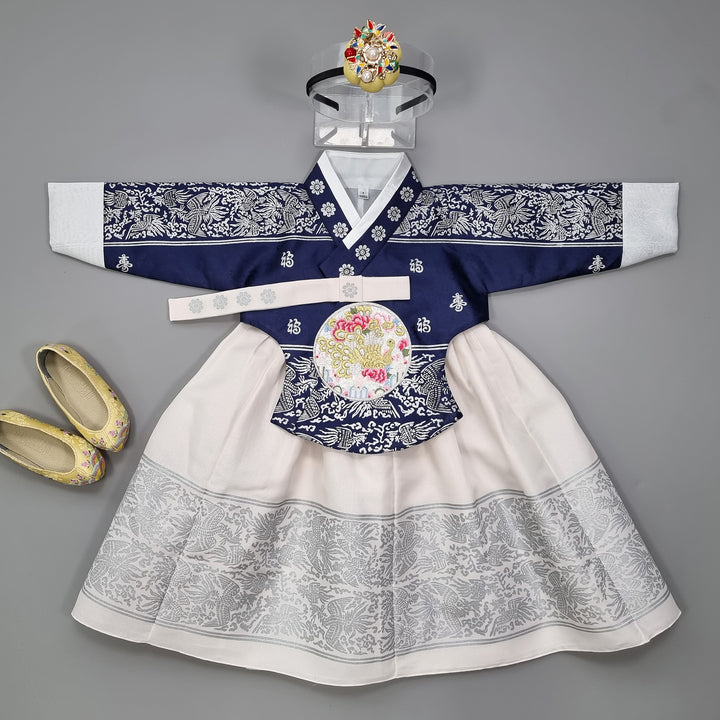 Hanbok Dress Girl Baby Korea Traditional Clothing Set First Birthday Celebration Party Celebration 1–8 Years Navy Fancy Silver Print OS208