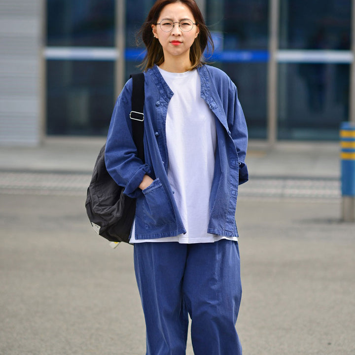 Korean Hanbok Washed Cotton Common Use Man Woman Casual Daily Clothing BTS Long Sleeve Blue 10042