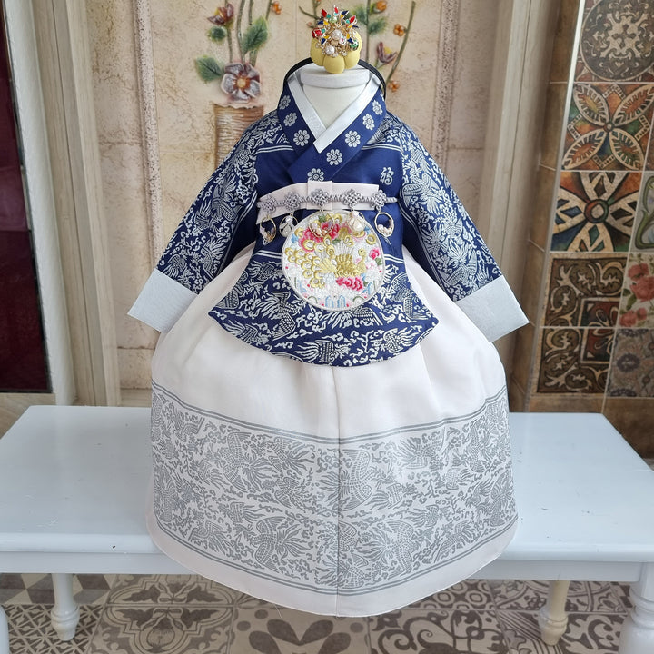 Hanbok Dress Girl Baby Korea Traditional Clothing Set First Birthday Celebration Party Celebration 1–8 Years Navy Fancy Silver Print OS208