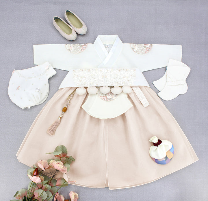 Hanbok Girl Baby Korea Traditional Clothing Set First Birthday Celebration Party Celebration 1–8 years Ivory Beige DGH101