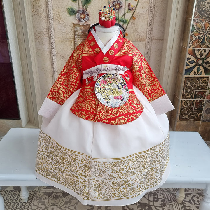 Hanbok Dress Girl Baby Korea Traditional Clothing Set First Birthday Celebration Party Celebration 1–8 Years Red Fancy Gold Print OS207