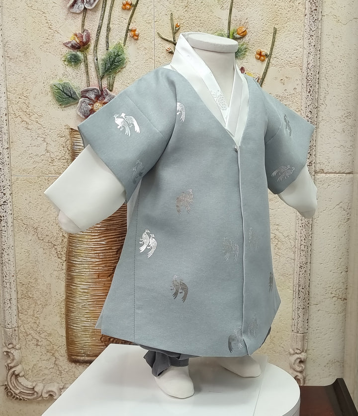 Korean Traditional Boy Baby Hanbok Dol Baikil Party Celebration 100th-10 Ages Blue Bird Silver Print HGB115