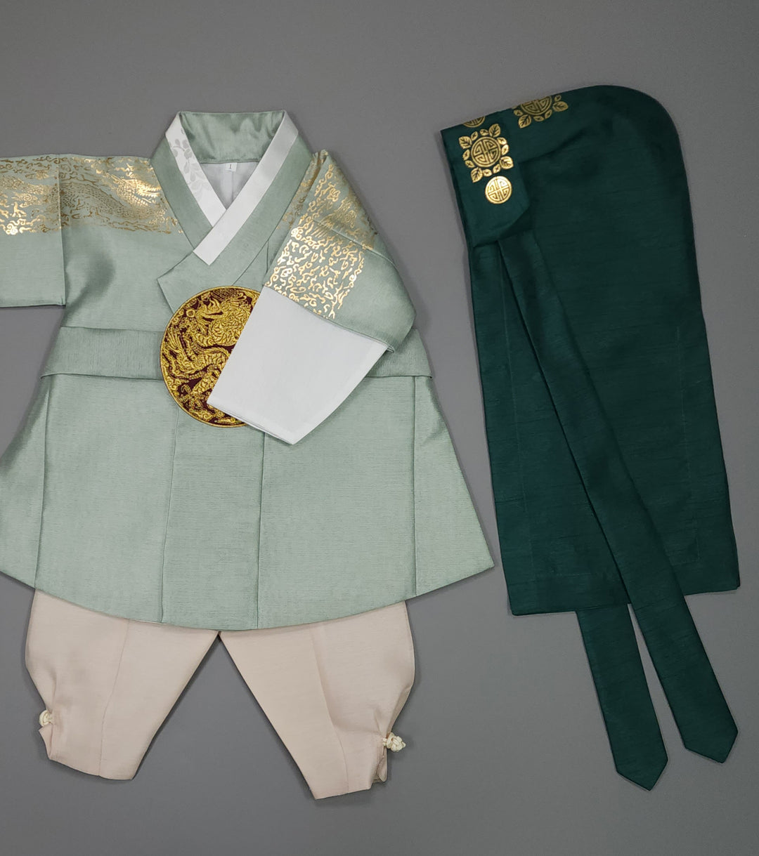 Korean Traditional Boy Baby Hanbok Dol Baikil Party Celebration 100th-10 Ages Light Green Gold Print GHB302