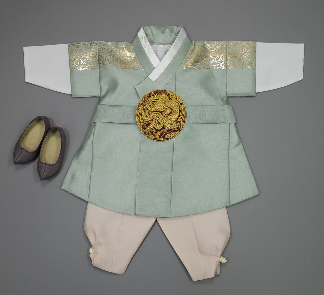 Korean Traditional Boy Baby Hanbok Dol Baikil Party Celebration 100th-10 Ages Light Green Gold Print GHB302