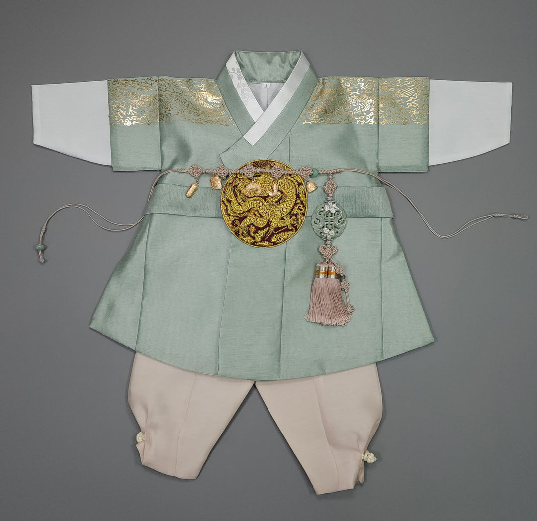 Korean Traditional Boy Baby Hanbok Dol Baikil Party Celebration 100th-10 Ages Light Green Gold Print GHB302