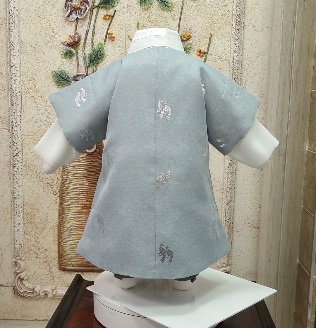 Korean Traditional Boy Baby Hanbok Dol Baikil Party Celebration 100th-10 Ages Blue Bird Silver Print HGB115