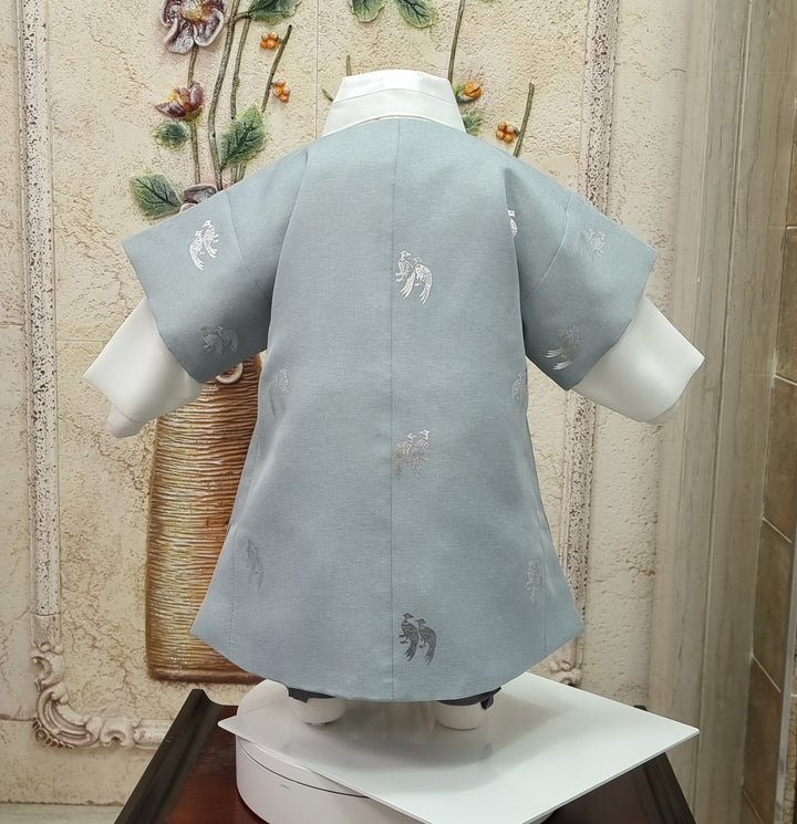 Korean Traditional Boy Baby Hanbok Dol Baikil Party Celebration 100th-10 Ages Blue Bird Silver Print HGB115