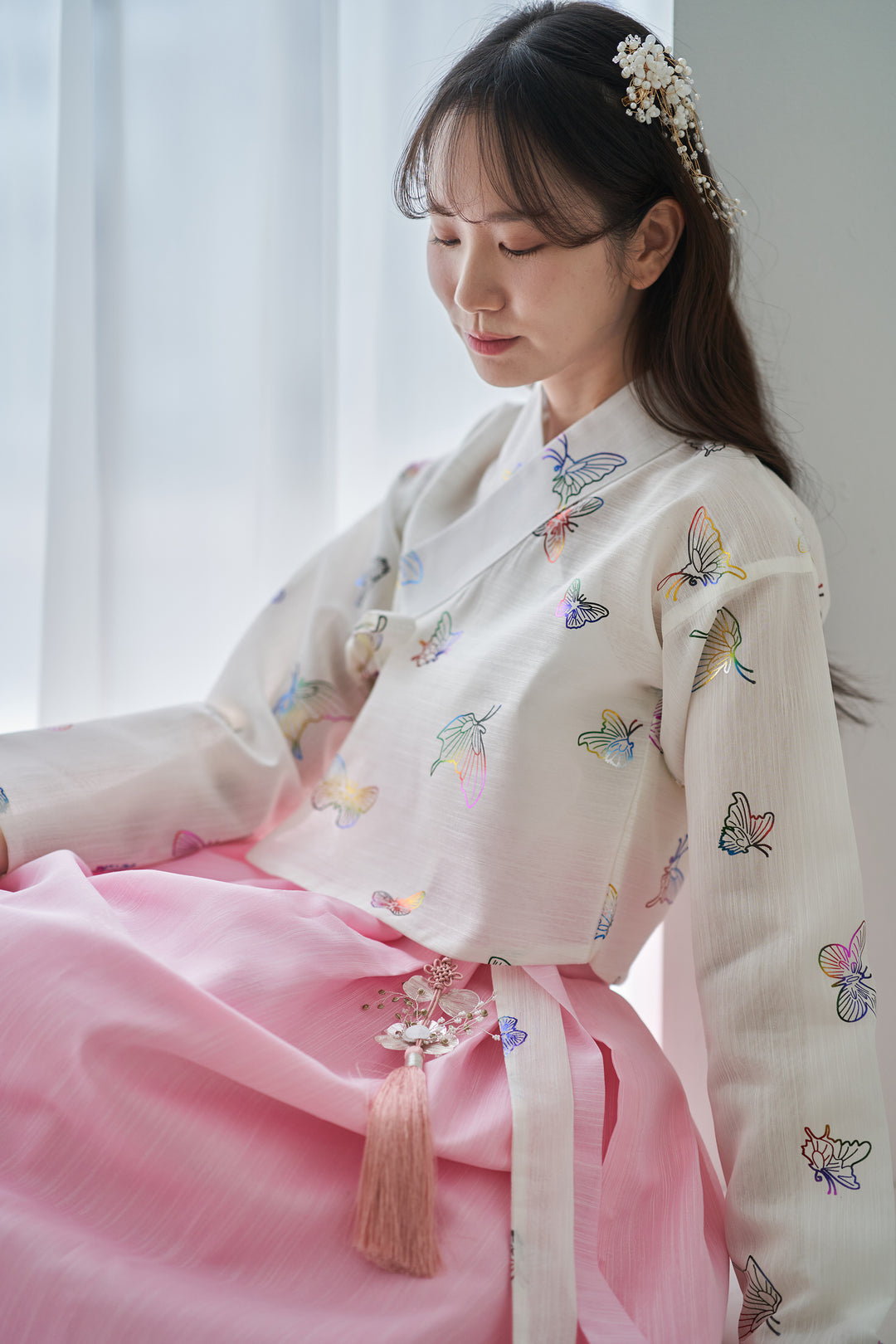 Korean Modern Daily Hanbok Casual Modernized Party Celebration Top Jeogori Butterfly Print SSN105
