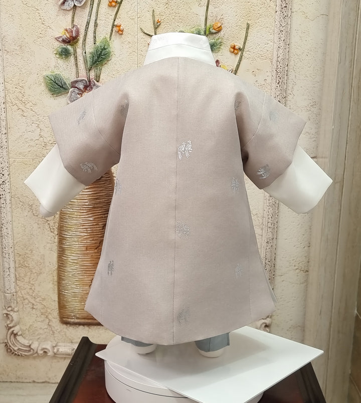 Korean Traditional Boy Baby Hanbok Dol Baikil Party Celebration 100th-10 Ages Beige Bird Silver Print HGB113