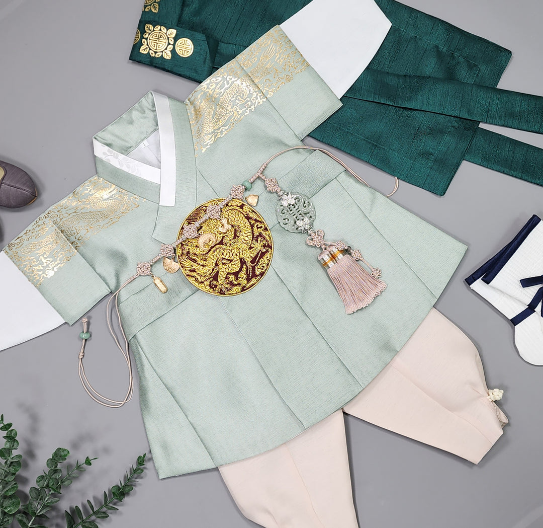 Korean Traditional Boy Baby Hanbok Dol Baikil Party Celebration 100th-10 Ages Light Green Gold Print GHB302