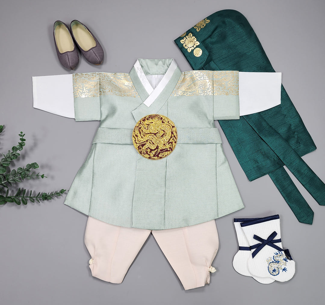 Korean Traditional Boy Baby Hanbok Dol Baikil Party Celebration 100th-10 Ages Light Green Gold Print GHB302
