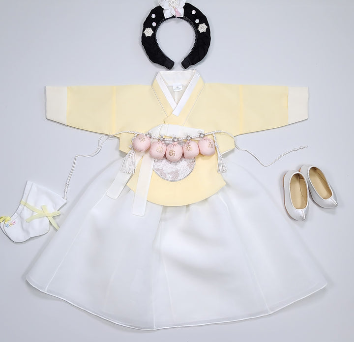 Hanbok Girl Baby Korea Traditional Clothing Set First Birthday Celebration Party 100th Birth Celebration 1–15 years Yellow HG352