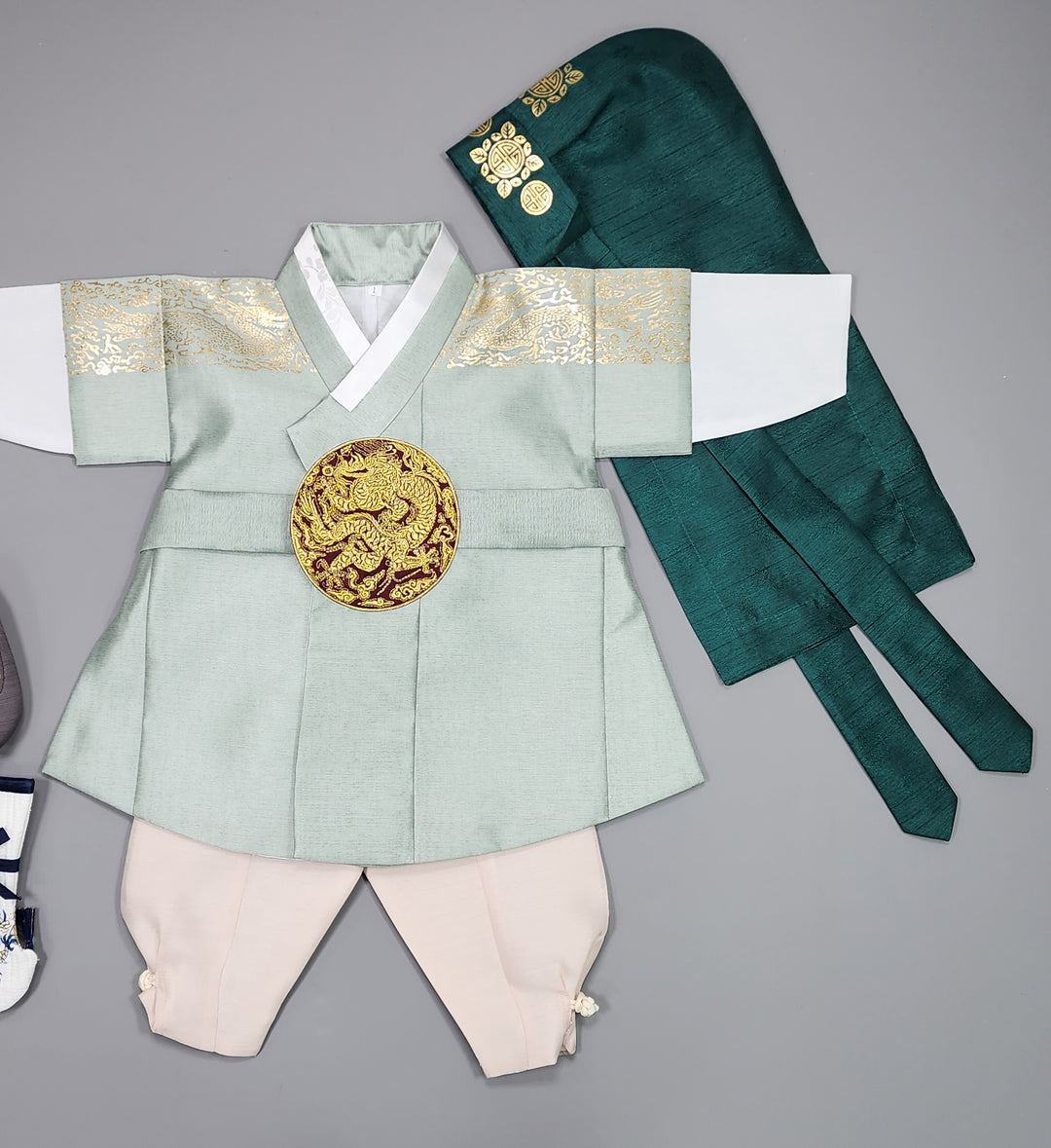 Korean Traditional Boy Baby Hanbok Dol Baikil Party Celebration 100th-10 Ages Light Green Gold Print GHB302
