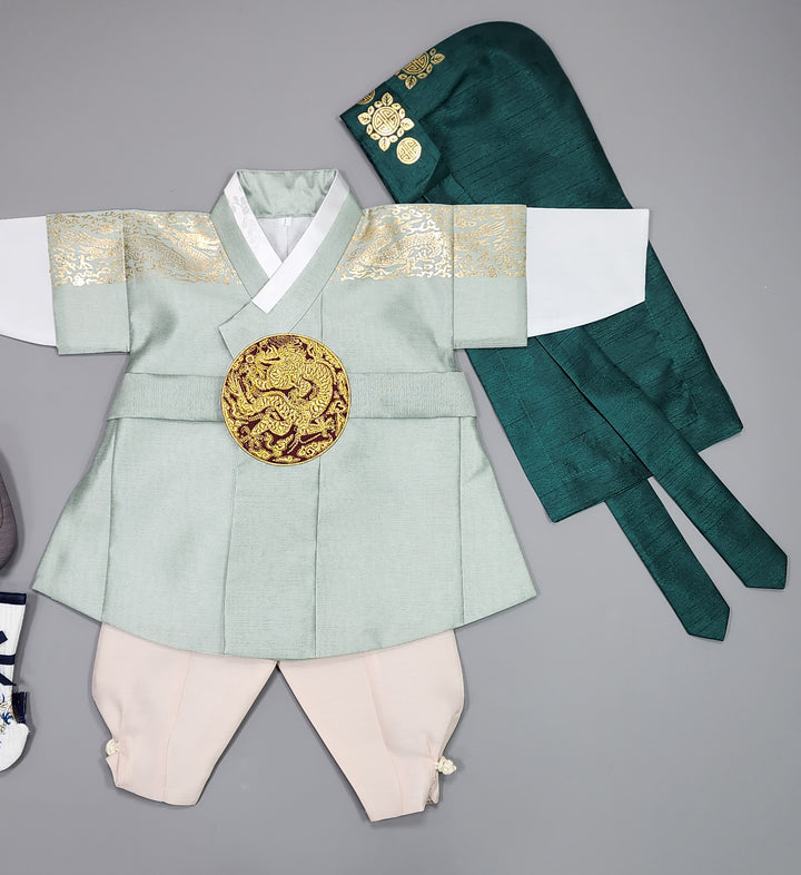 Korean Traditional Boy Baby Hanbok Dol Baikil Party Celebration 100th-10 Ages Light Green Gold Print GHB302