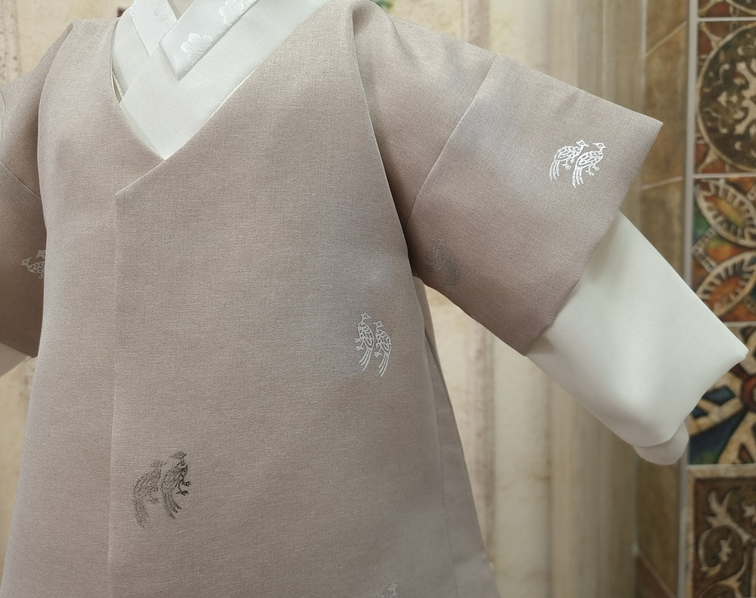 Korean Traditional Boy Baby Hanbok Dol Baikil Party Celebration 100th-10 Ages Beige Bird Silver Print HGB113