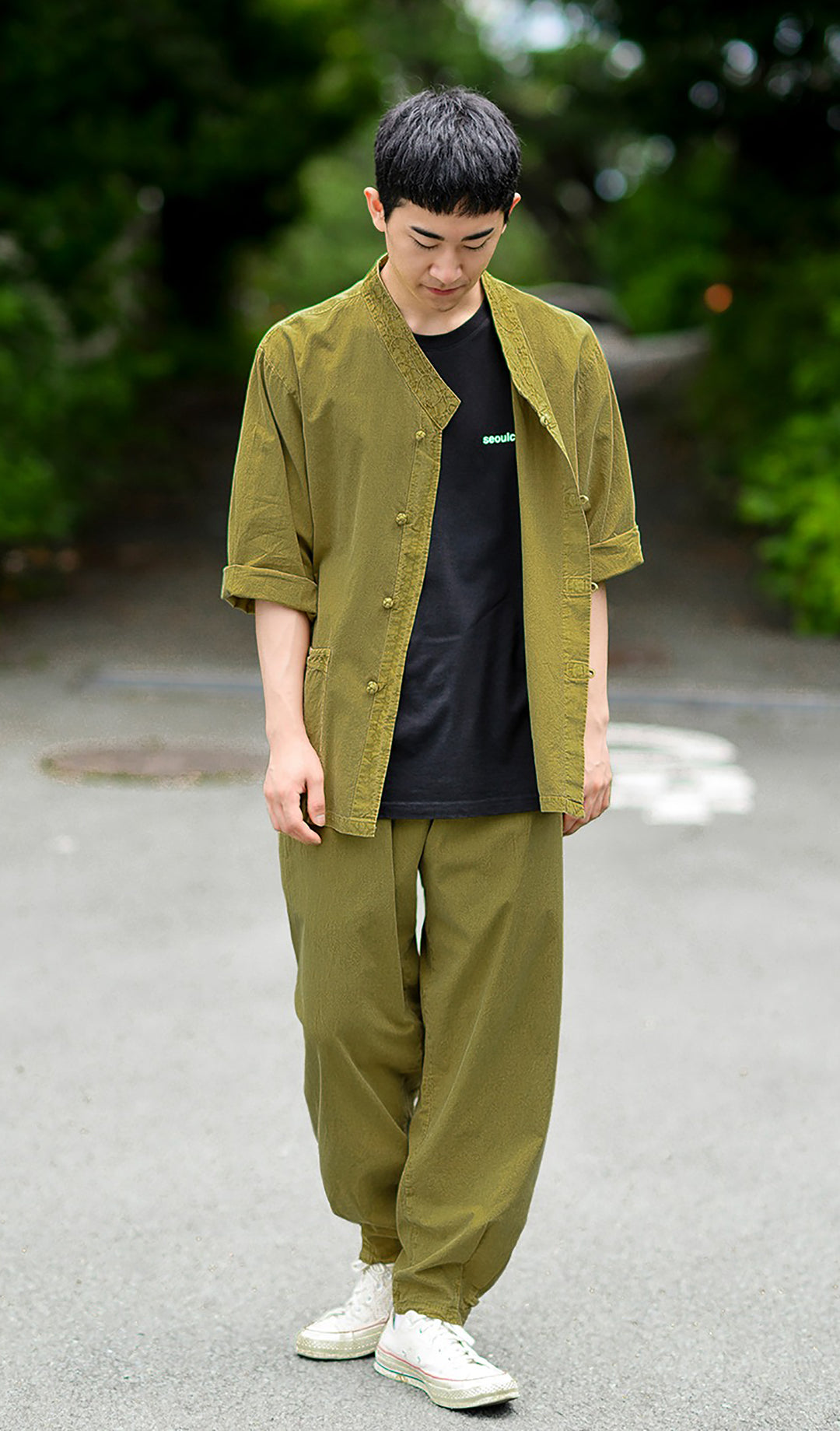 Korean Hanbok Washed Cotton Common Use Man Woman Casual Daily Clothing 3/4 Sleeve BTS 10097 Olive