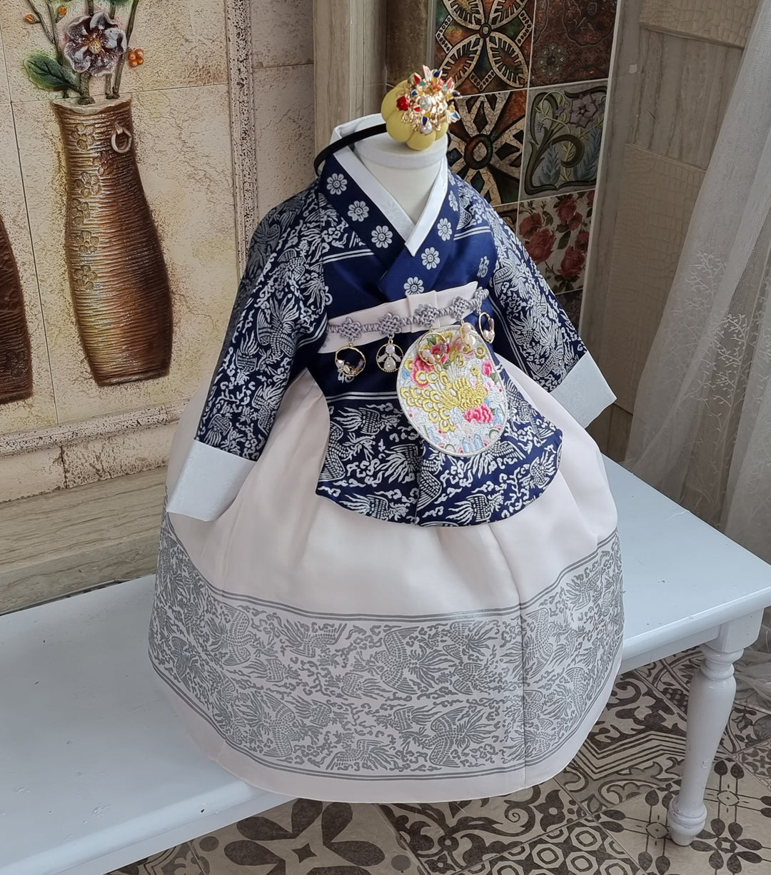 Hanbok Dress Girl Baby Korea Traditional Clothing Set First Birthday Celebration Party Celebration 1–8 Years Navy Fancy Silver Print OS208