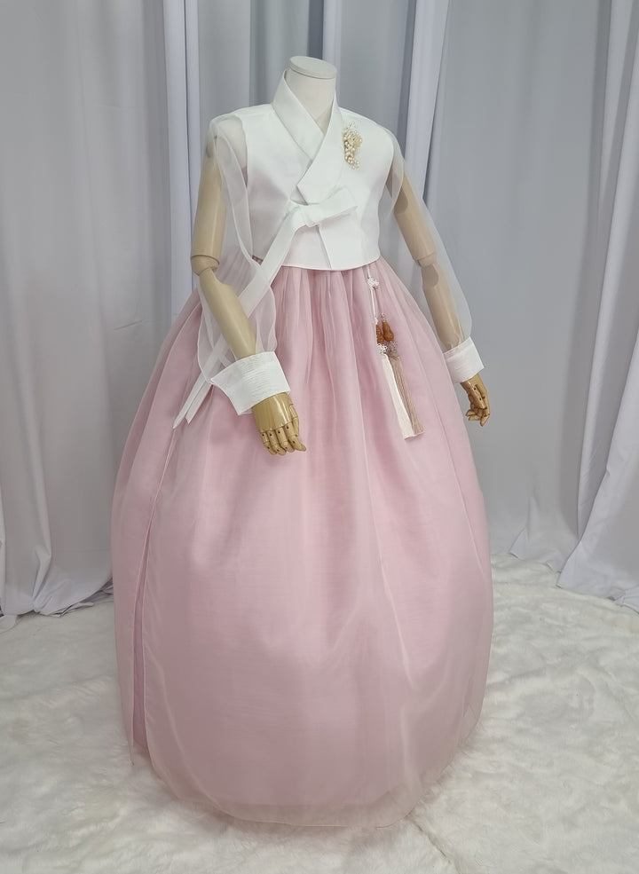 Woman Hanbok Dress Korea Traditional clothes Set Wedding Ceremony Birthday Custom-Made White See Through OSW552