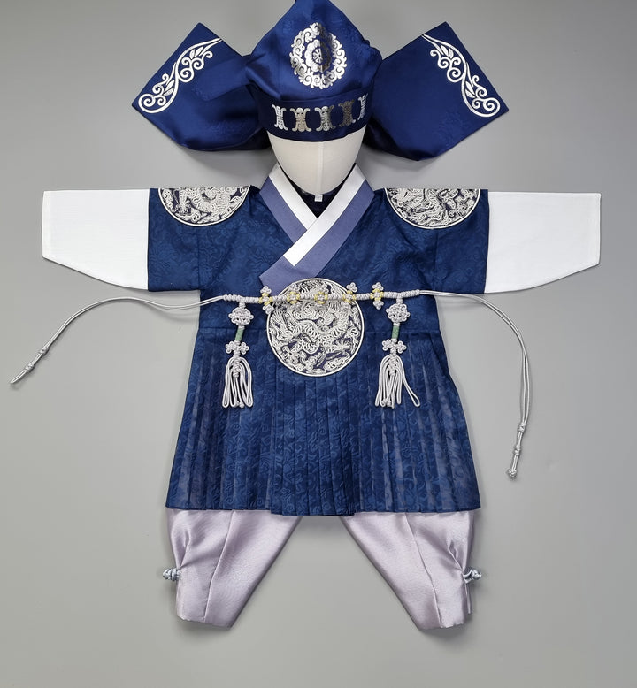 Korean Traditional Boy Baby Hanbok Dol Baikil Party Celebration 100th-10 Ages King Design Navy GHB102