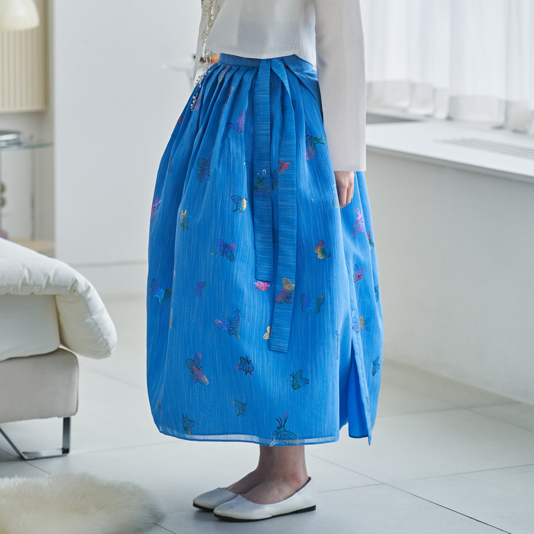 Modern Korean Daily Hanbok Top (Jeogori) – Butterfly Print, White & Blue | SSN110