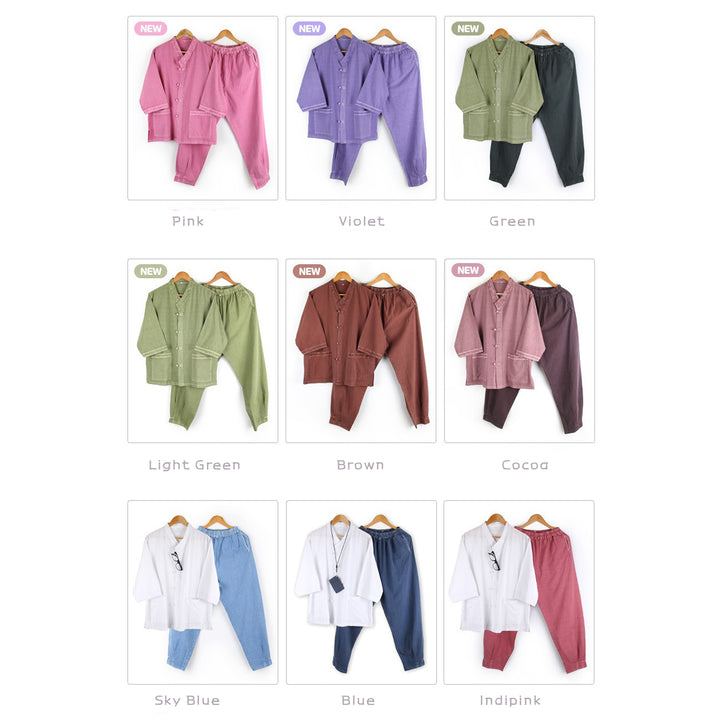 Korean Hanbok Washed Cotton Common Use Man Woman Casual Daily Clothing V Neck Open 3/4 Sleeve Jacket Pants Set JH109