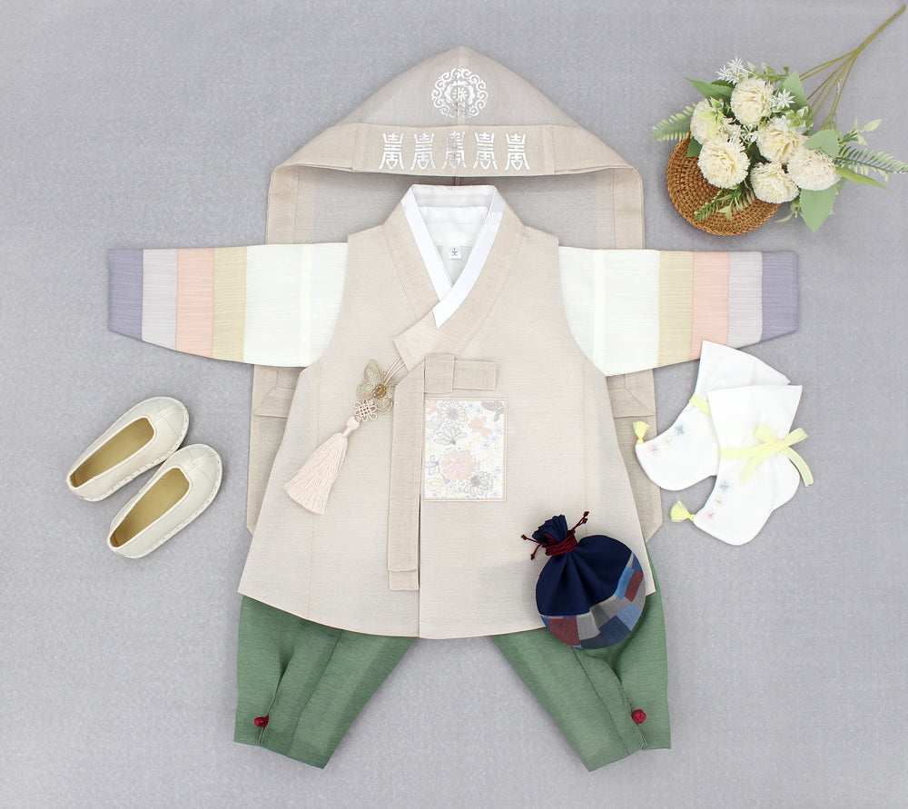 Korean Traditional Boy Baby Hanbok Dol Baikil Party Celebration 100th Days 1-10 Years Beige Khaki DDB117
