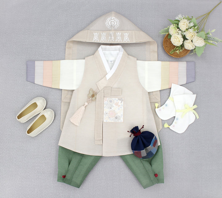 Korean Traditional Boy Baby Hanbok Dol Baikil Party Celebration 100th Days 1-10 Years Beige Khaki DDB117