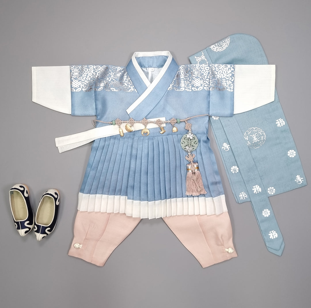 Korean Traditional Boy Baby Hanbok Dol Baikil Party Celebration 100th-10 Ages King Design Blue GHB115