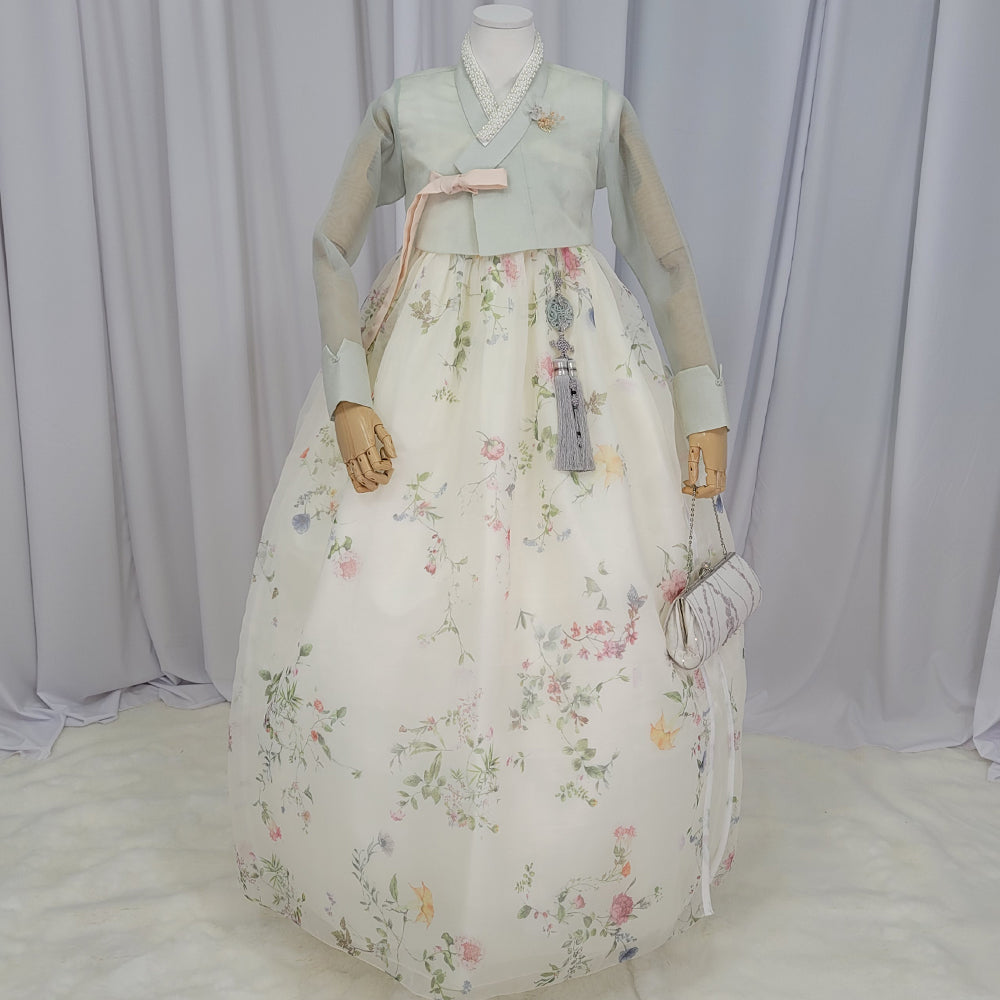 Woman Hanbok Dress Korea Traditional clothes Set Wedding Ceremony Birthday Custom-Made Mint See-through OSW902