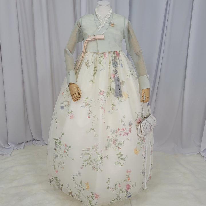 Woman Hanbok Dress Korea Traditional clothes Set Wedding Ceremony Birthday Custom-Made Mint See-through OSW902