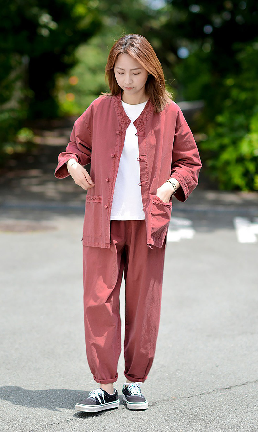 Korean Hanbok Washed Cotton Common Use Man Woman Casual Daily Clothing 3/4 Sleeve BTS 10097 Wine