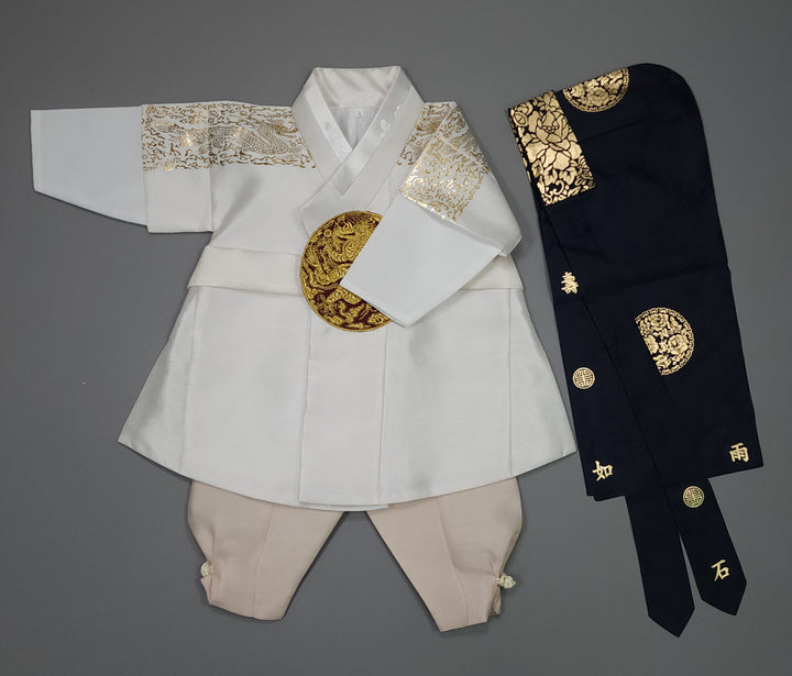 Korean Traditional Boy Baby Hanbok Dol Baikil Party Celebration 100th-10 Ages White Gold Print GHB303
