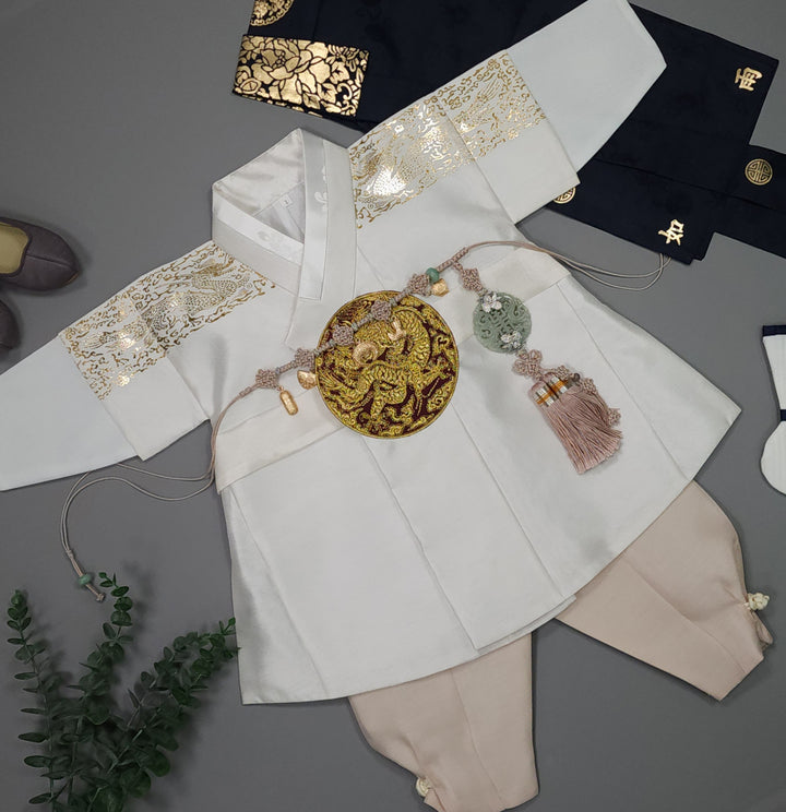 Korean Traditional Boy Baby Hanbok Dol Baikil Party Celebration 100th-10 Ages White Gold Print GHB303