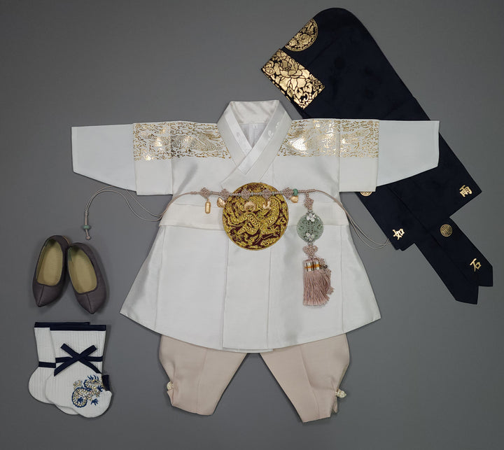 Korean Traditional Boy Baby Hanbok Dol Baikil Party Celebration 100th-10 Ages White Gold Print GHB303