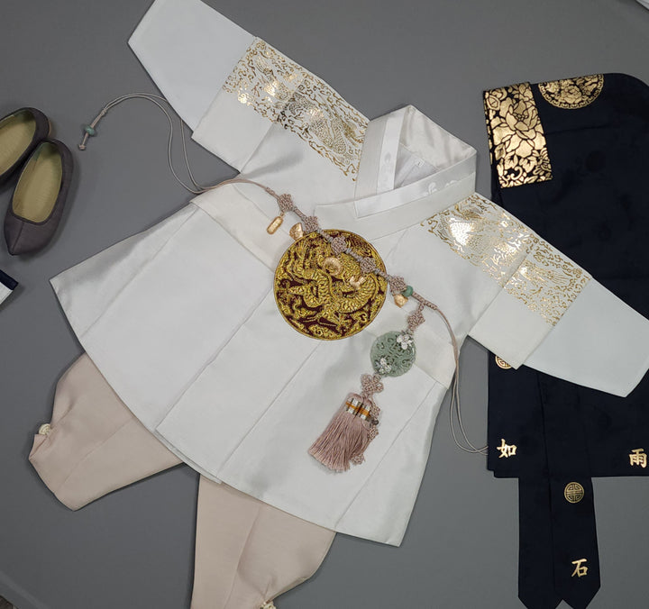 Korean Traditional Boy Baby Hanbok Dol Baikil Party Celebration 100th-10 Ages White Gold Print GHB303