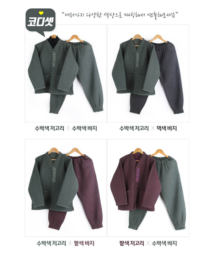 Korean Hanbok Washed Cotton Common Use Man Woman Casual Daily Quilted Jacket Pants Set Winter Red Bean JH112