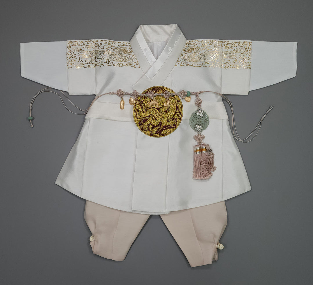 Korean Traditional Boy Baby Hanbok Dol Baikil Party Celebration 100th-10 Ages White Gold Print GHB303